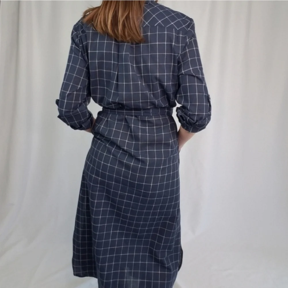 Dress Forum Navy Blue and White Windowpane Midi Shirt Dress Size Small - Picture 4 of 5